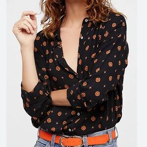 Free People Black Button-Down Shirt with Orange Floral Print